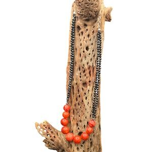 Jay King Desert Rose Trading Orange Sponge Coral Black Spinel bead necklace 925